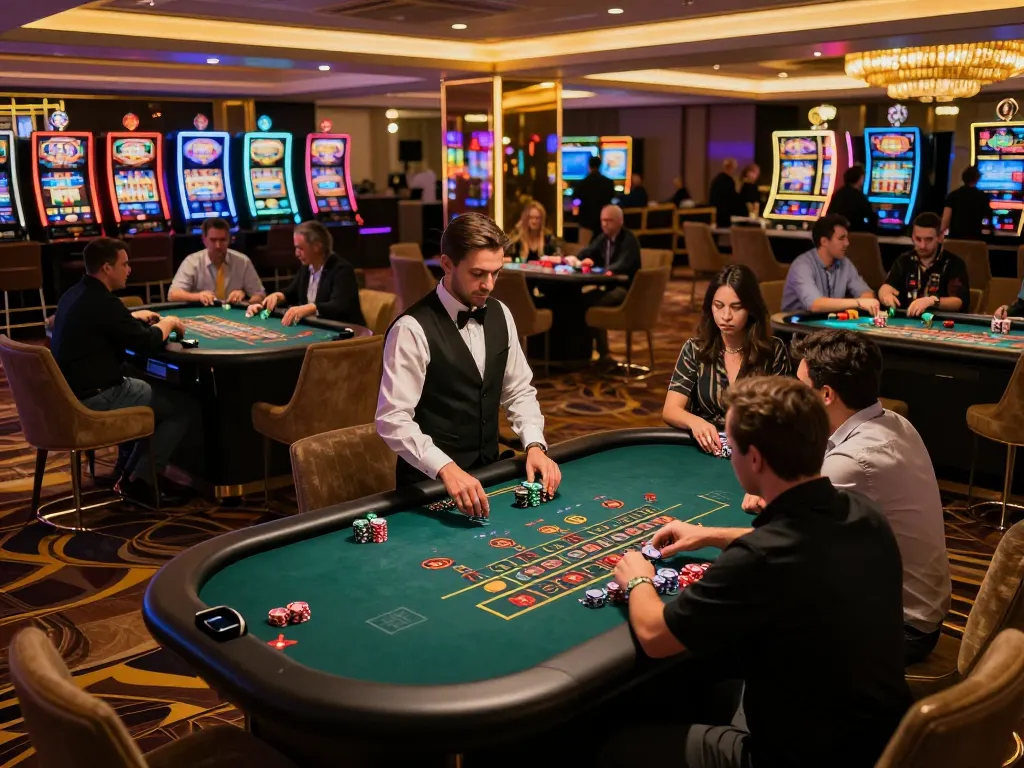 8day casino players engaging in intense blackjack and roulette action under luxurious ambient lighting