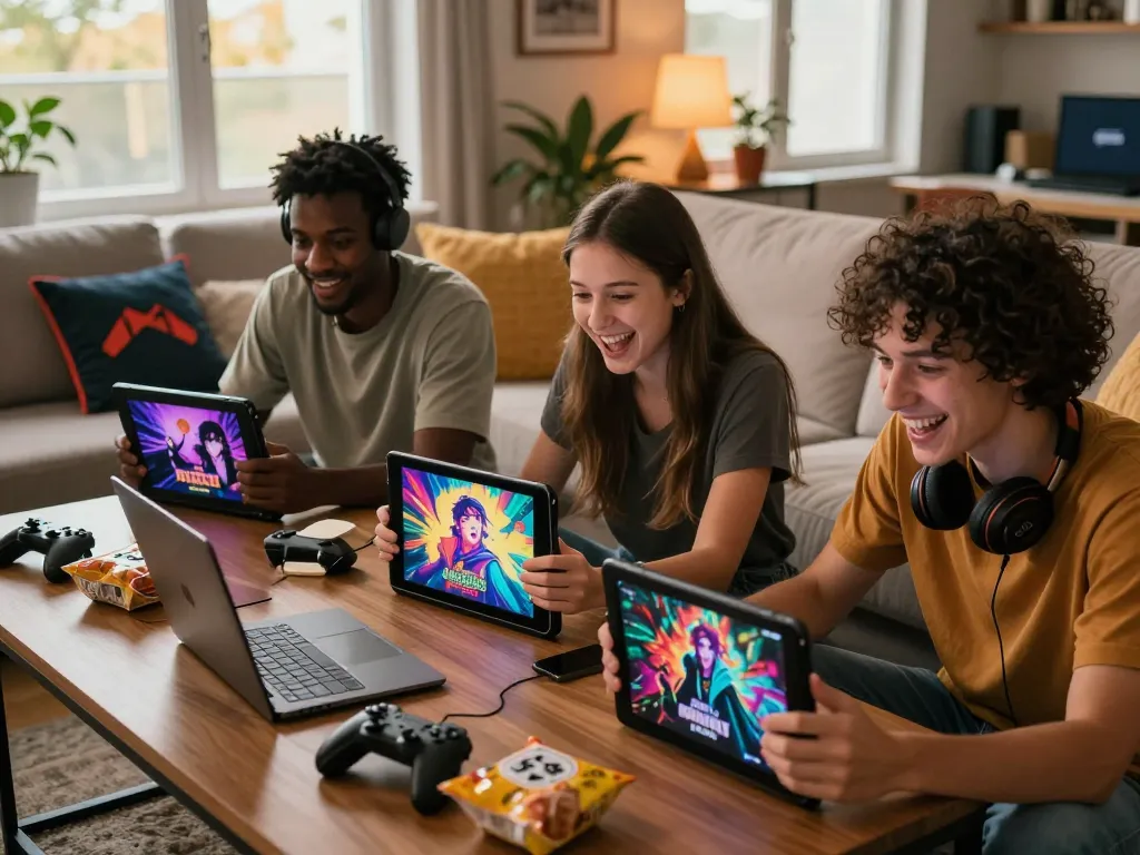 Engaged group playing porn games in a lively living room setting.