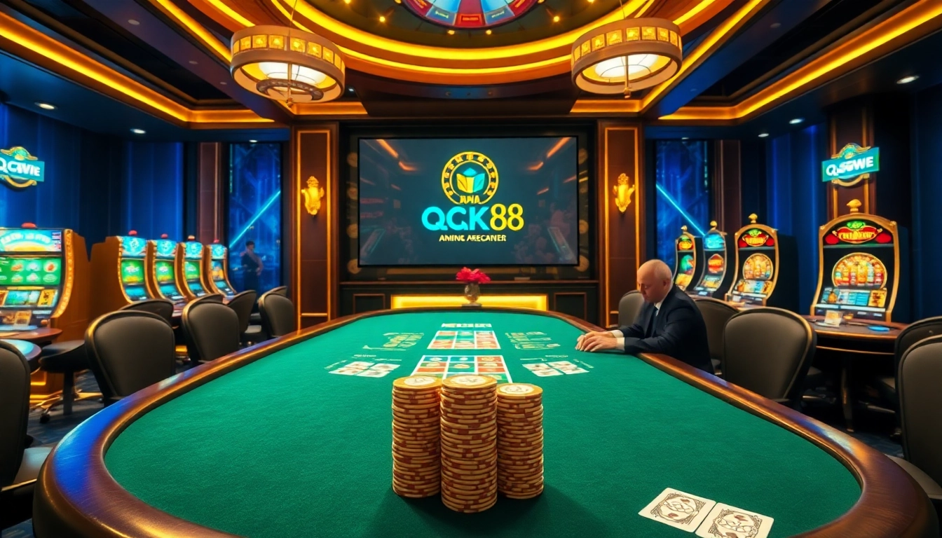 Engaging gamblers at Nhà Cái QQ88 with a luxurious casino scene featuring poker games and slot machines.