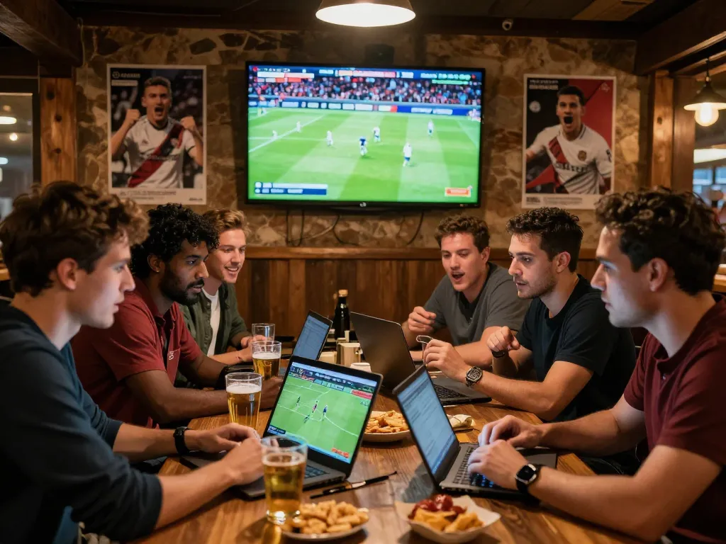 Fans analyzing tỷ lệ kèo bóng đá in a lively sports bar during a match.