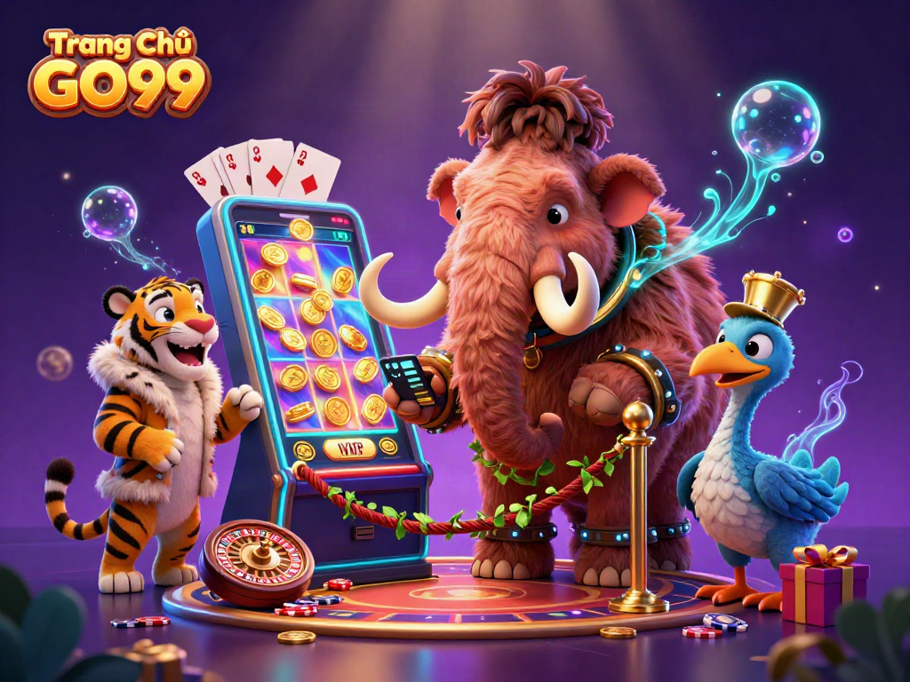 Engage with dynamic gaming action at Trang Chủ GO99 featuring vibrant slot games and colorful casino characters.