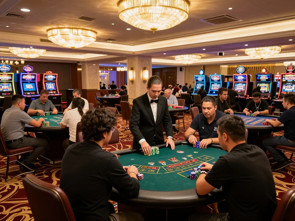 Engaged players at a Tài Xỉu Online table focus on their bets in a vibrant casino atmosphere