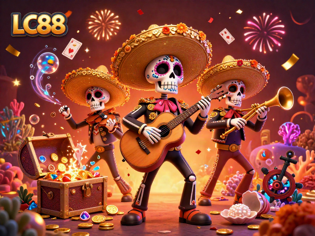 Experience exhilarating gaming action with LC88 featuring a vibrant mariachi band amidst a treasure-filled scene.
