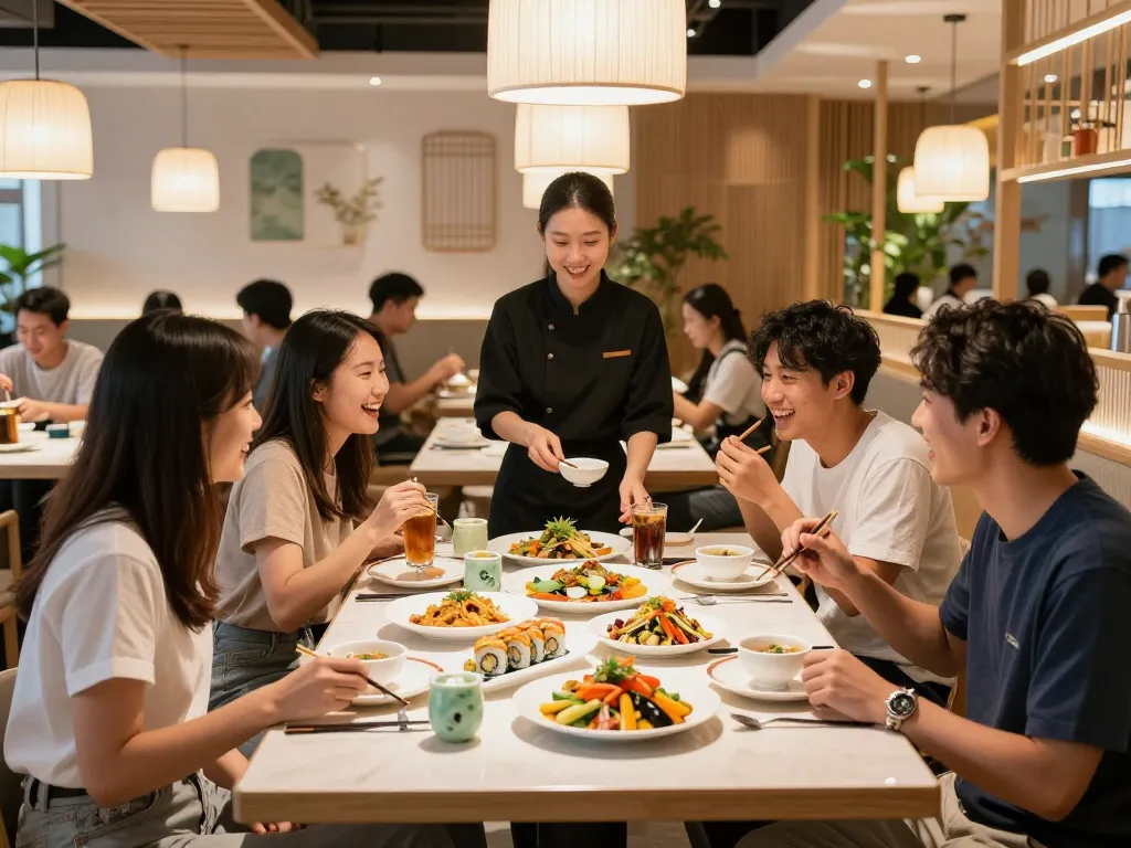 Friends enjoying a lively meal together at RED88 bistro, filled with sushi and Asian dishes.
