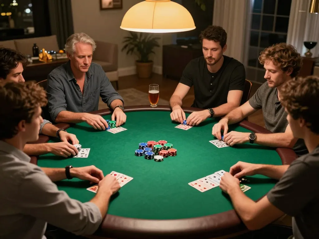 Kong88 players strategizing during an engaging home poker night with chips and cards.