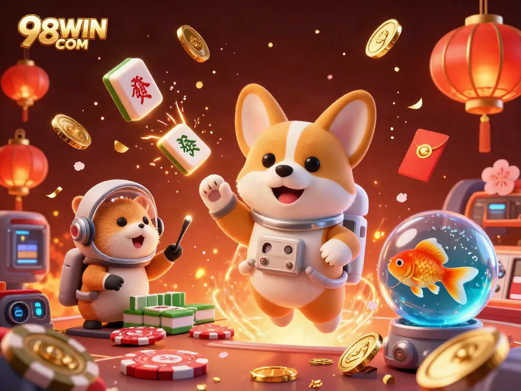 Experience the excitement of gaming with 98WIN COM in a vibrant space casino scene featuring floating poker chips and cheerful characters.
