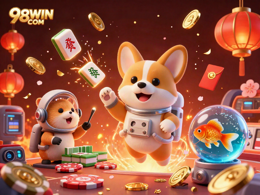 Experience the excitement of gaming with 98WIN COM in a vibrant space casino scene featuring floating poker chips and cheerful characters.