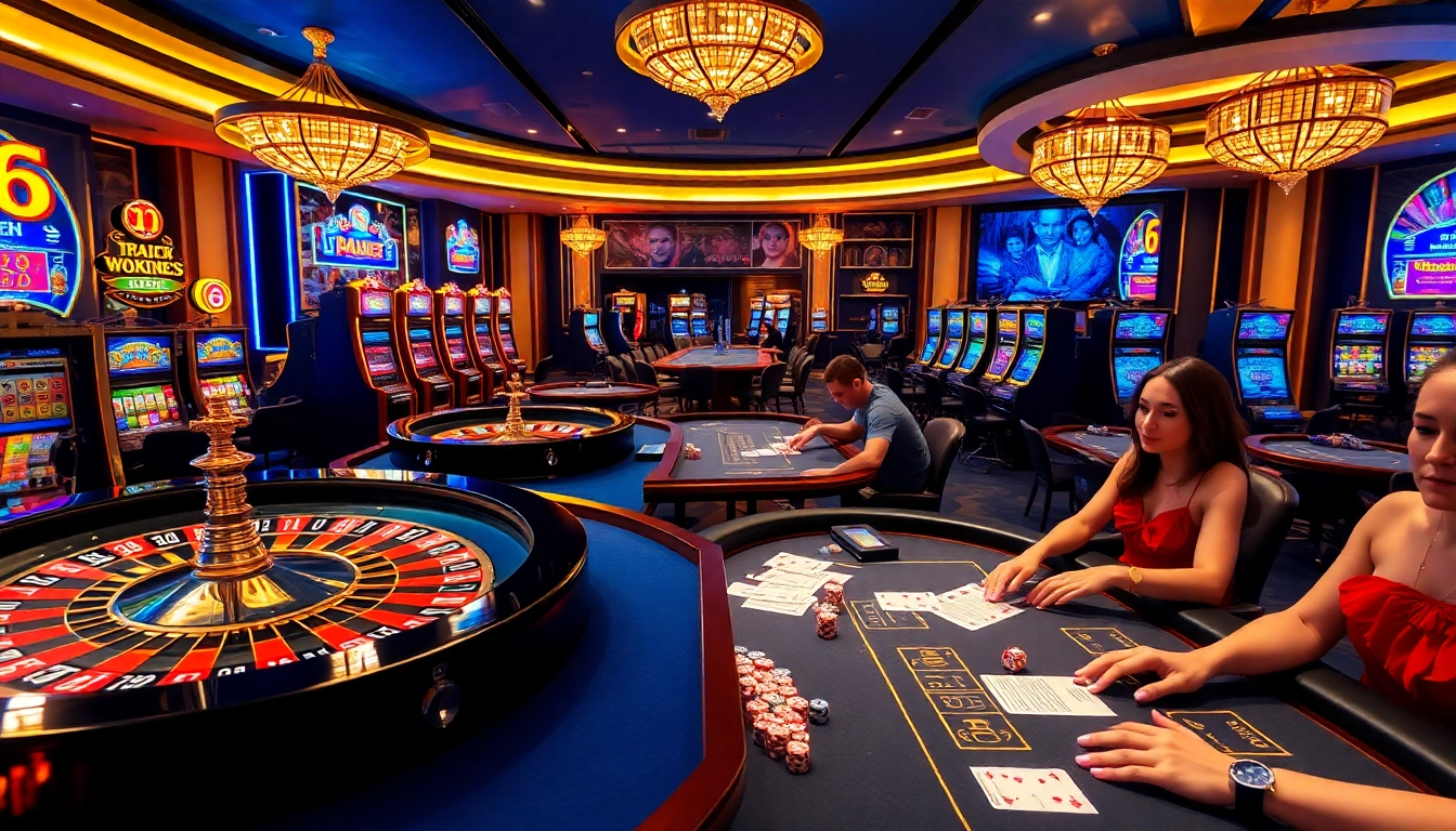Multicolored slot machines and poker tables in a luxurious casino setting at km1888b, capturing the excitement of gambling.
