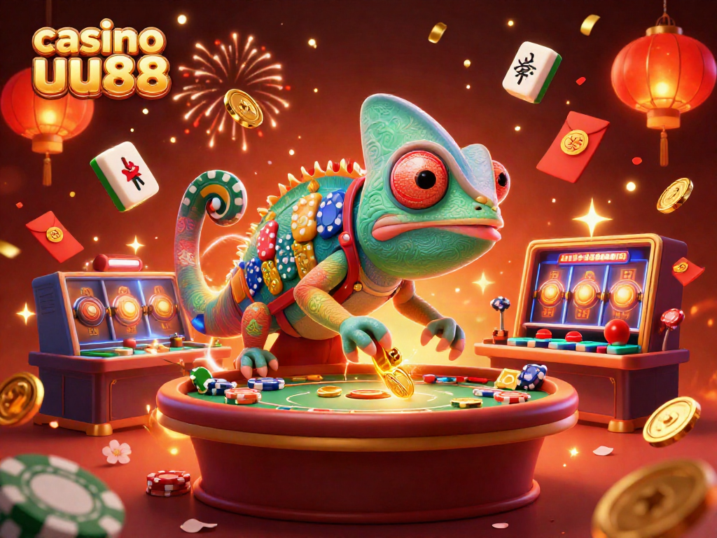 Experience casino uu88 thrills with chameleon owner, mahjong tiles, and festive elements!