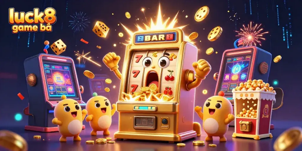 Experience luck8 game bài as a golden slot machine wins massive jackpots amidst cheerful companions.