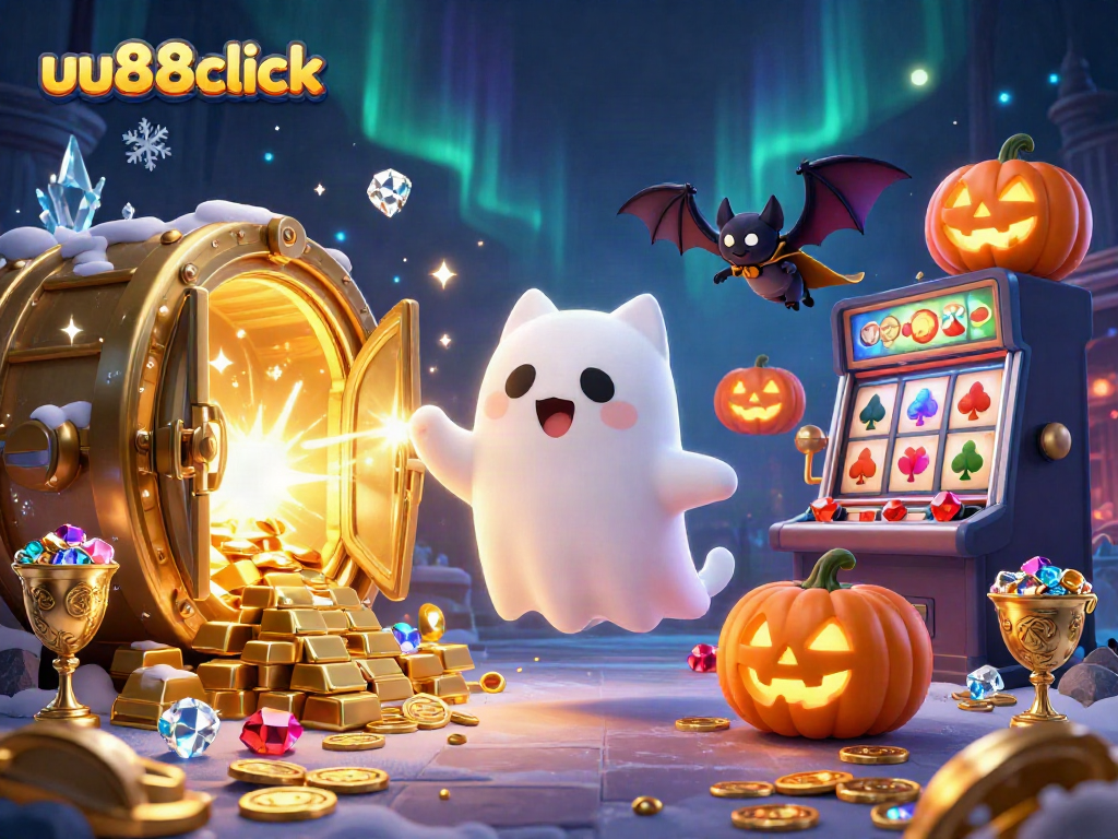 Experience thrilling gaming moments at uu88click with a ghost cat, bat, and casino themes.