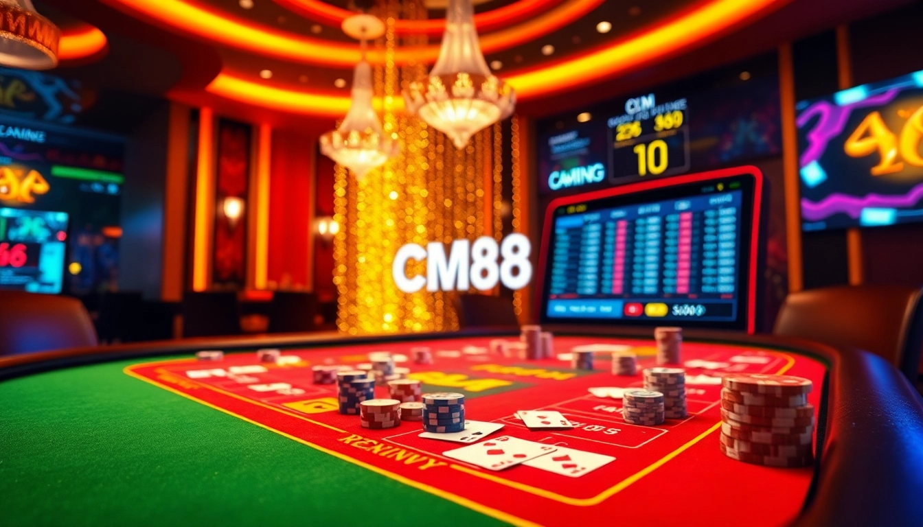 Experience the excitement of nhà cái uy tín CM88 with a vibrant casino scene featuring elegant gaming tables and poker chips.