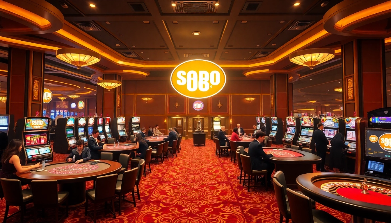 SODO CASINO 66 vibrant casino scene with players at tables and exciting slot machines.