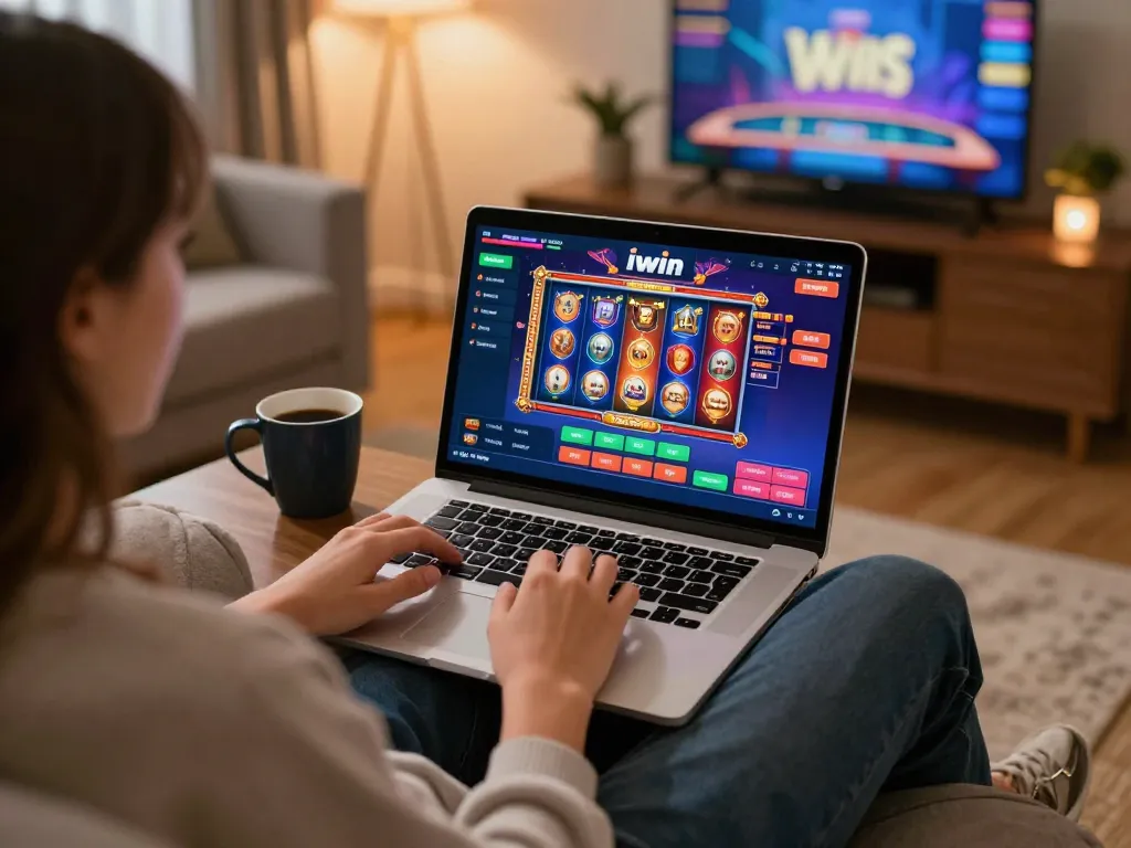 Player enjoying iwin online casino games at home, laptop on desk with engaging gameplay on the screen