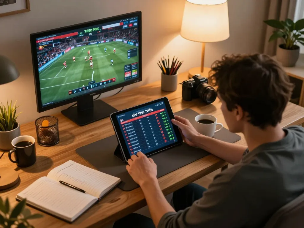 KÈO TRỰC TUYẾN displayed on tablet as a person engages in sports betting at home