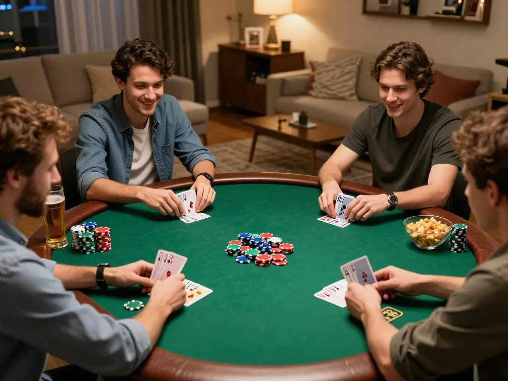 Friends enjoying an intense poker game at home, showcasing the vibrant atmosphere of bongdallu gaming.