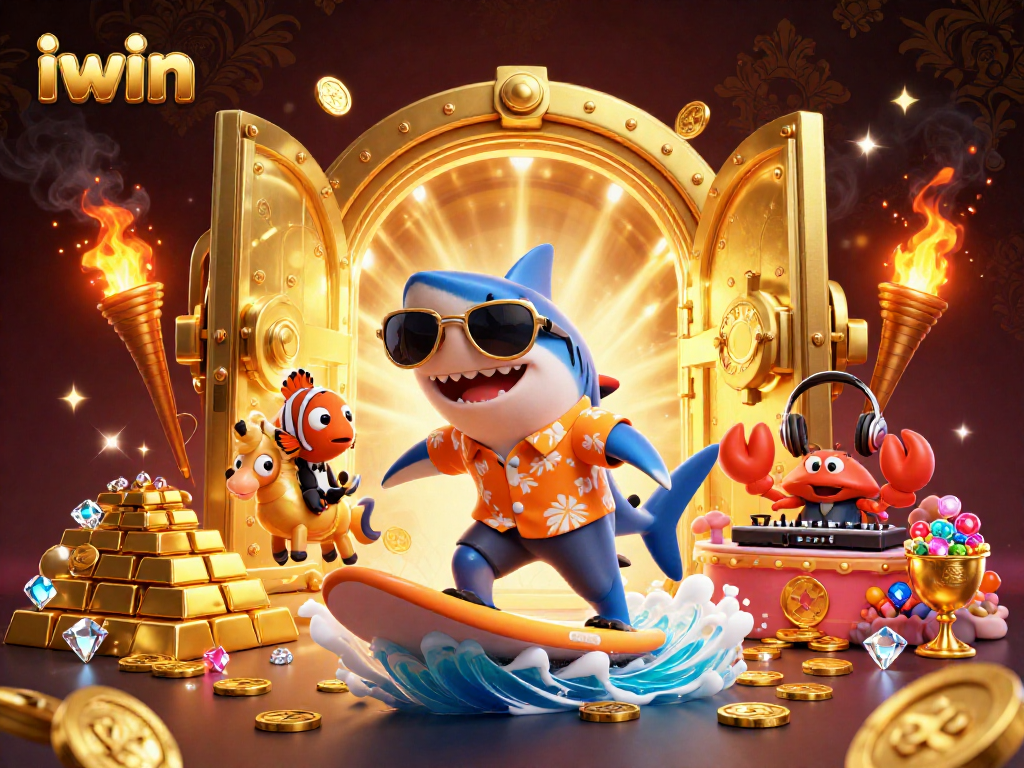 iwin celebrates winnings with a vibrant 3D scene featuring a shark, clownfish, and crab at a lively coral casino.