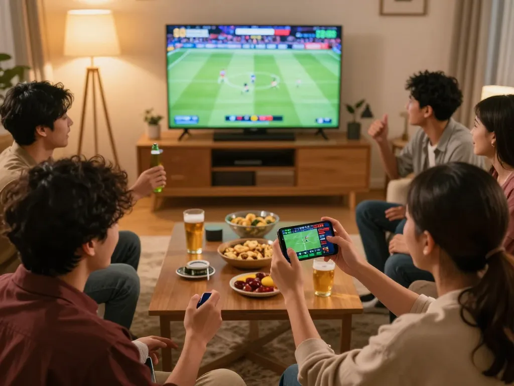Excited bettors interacting with the 789betgo app while watching sports in a lively home setting.