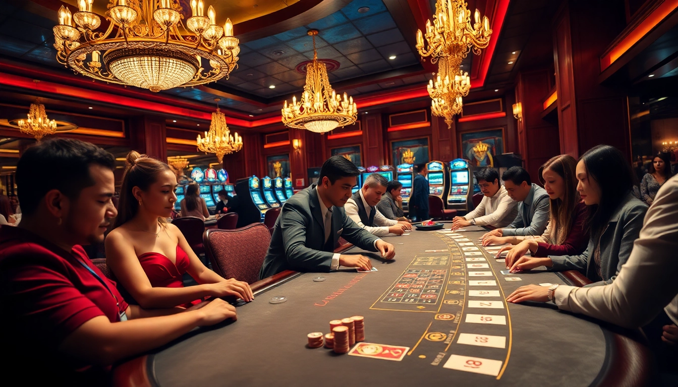 Gamblers enjoying an exciting blackjack game at https://tg88.black/ casino with vibrant atmosphere and luxury decor.