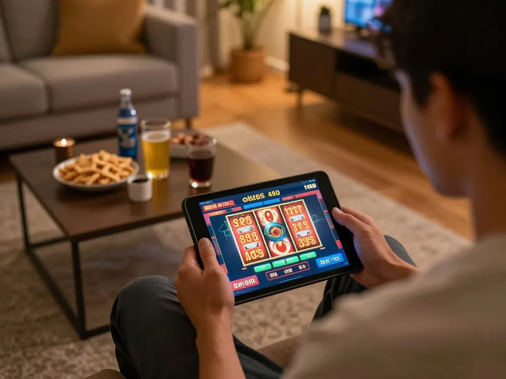 Play casino games at ok365 using a tablet in a cozy living room setting with snacks and drinks