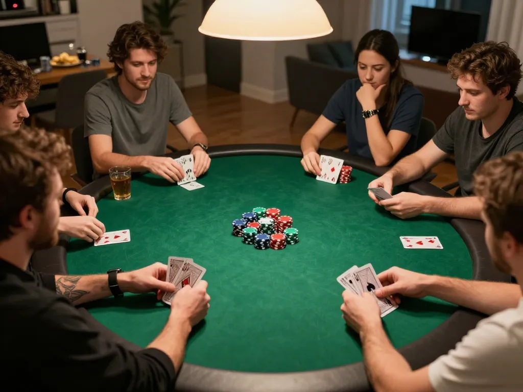 GO88 poker night setup with players engaged, showcasing a lively home gaming environment.