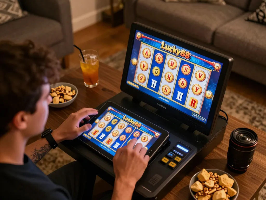 Engaging gameplay experience with Lucky88 slot on tablet, highlighting exciting features in a cozy setting