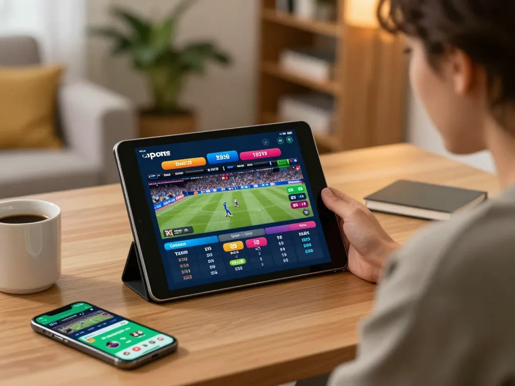 Engaging with RR88 sports betting app on tablet in cozy home office setting.