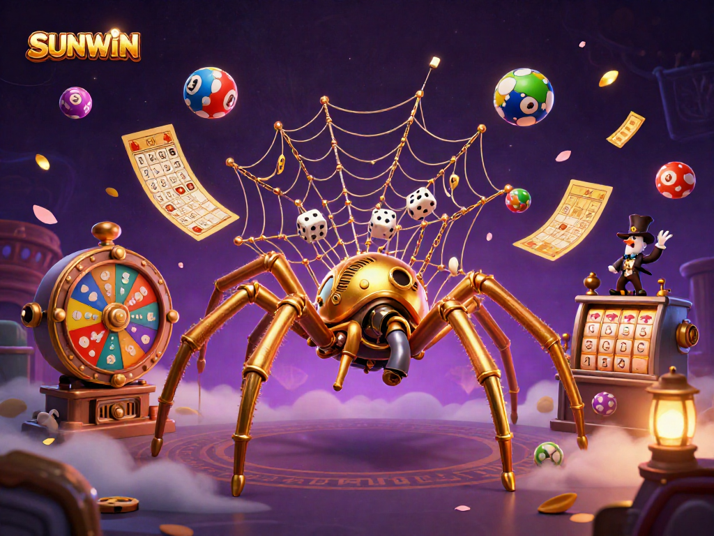 Experience SUNWIN's thrilling gambling world with a steampunk spider, vibrant lottery elements, and captivating visuals.