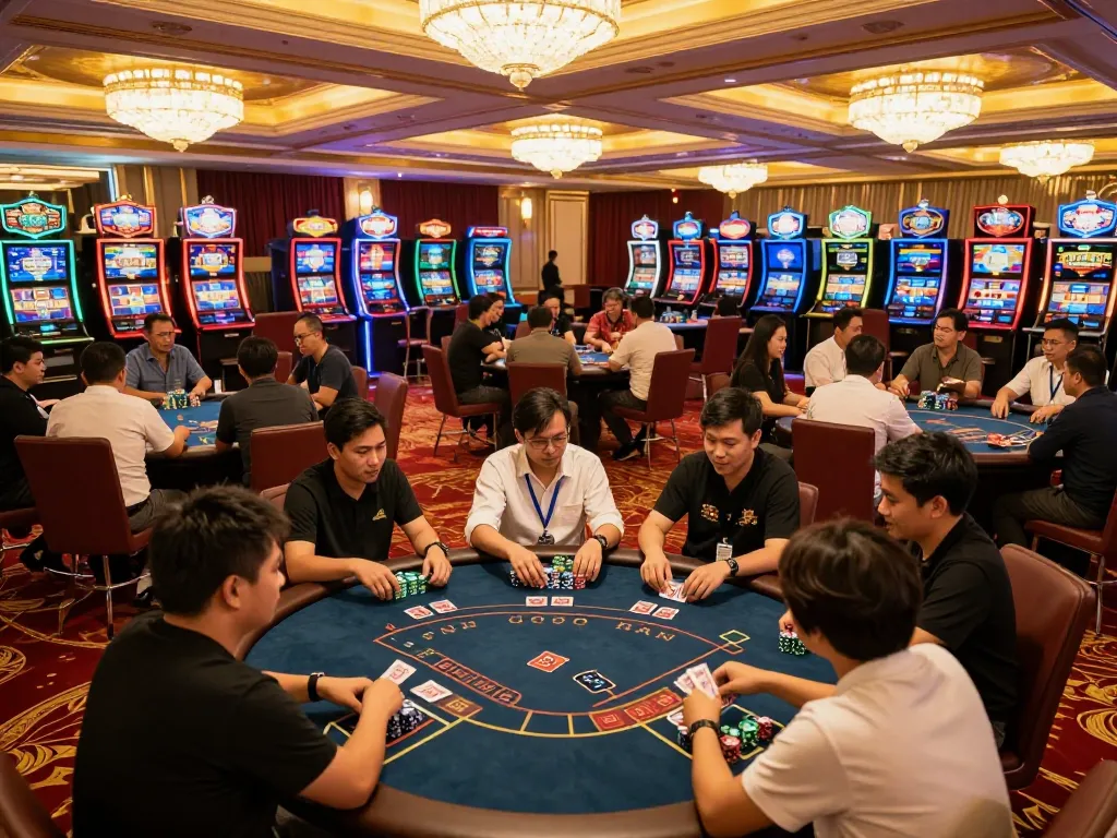 Engaged players at a vibrant nhacaiuytinn casino poker tournament, showcasing energetic gameplay and lively atmosphere.