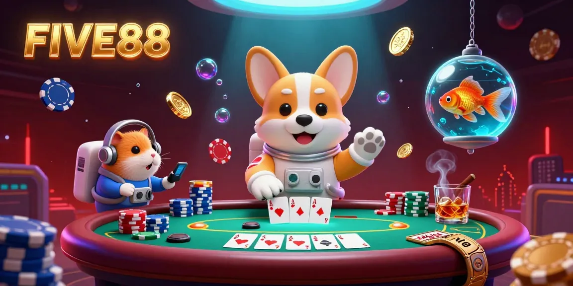 Engage in gambling action with the FIVE88 space casino, featuring vibrant 3D characters and dynamic poker elements.