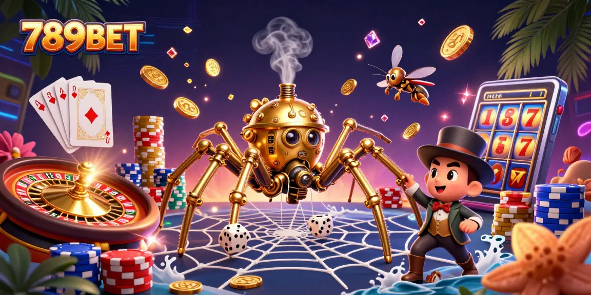 Engage with the vibrant gaming elements of 789BET as golden coins and poker chips dance in a dynamic casino scene.