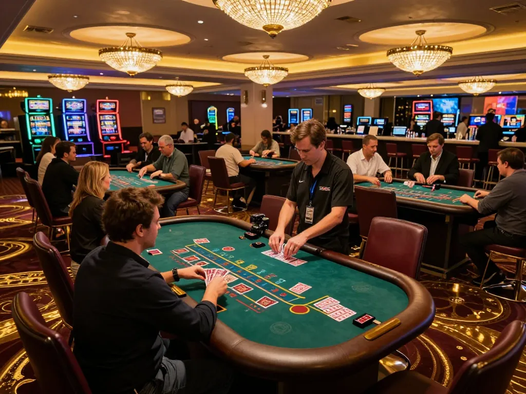 Players enjoying blackjack at 8day casino under warm chandelier lights, showcasing dynamic gaming atmosphere.