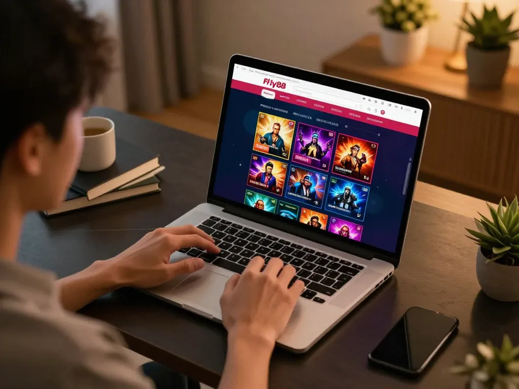 Player engaged in online gaming at fly88, using laptop in a stylish home setting