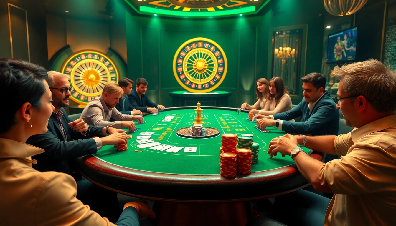 Excited players at a poker table celebrate high stakes at https://mm88.bar/ casino, showcasing colorful chips and cards.