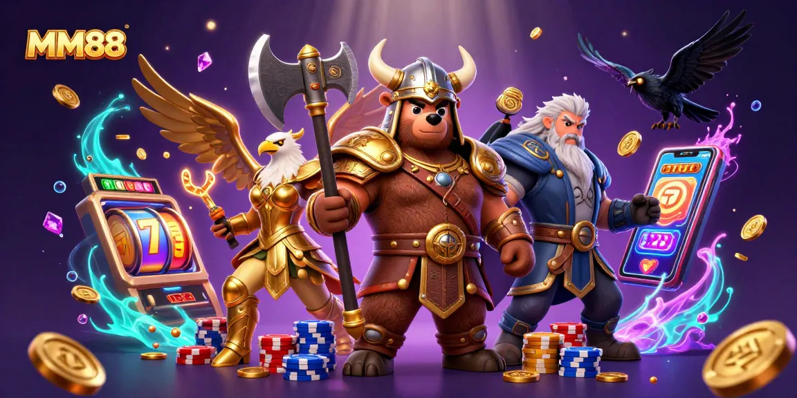Engage with MM88's vibrant casino action featuring a Viking berserker bear and golden eagle amidst jackpots and poker chips.