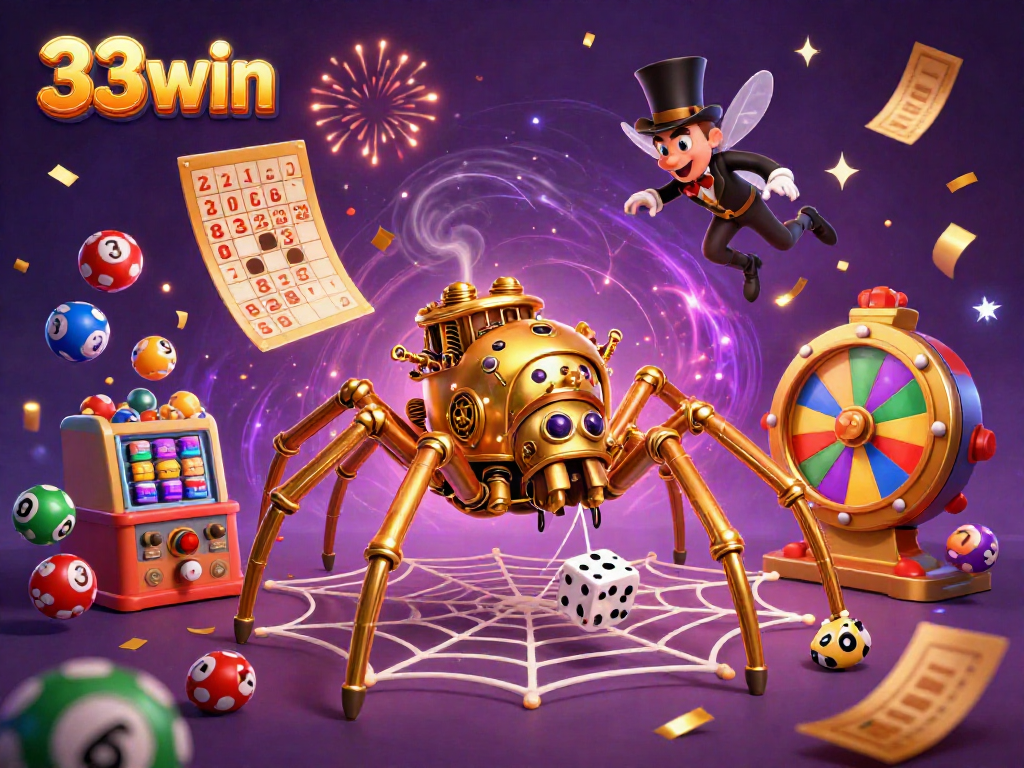 Experience the excitement of 33win with a dynamic steampunk gaming scene filled with vibrant lottery elements.