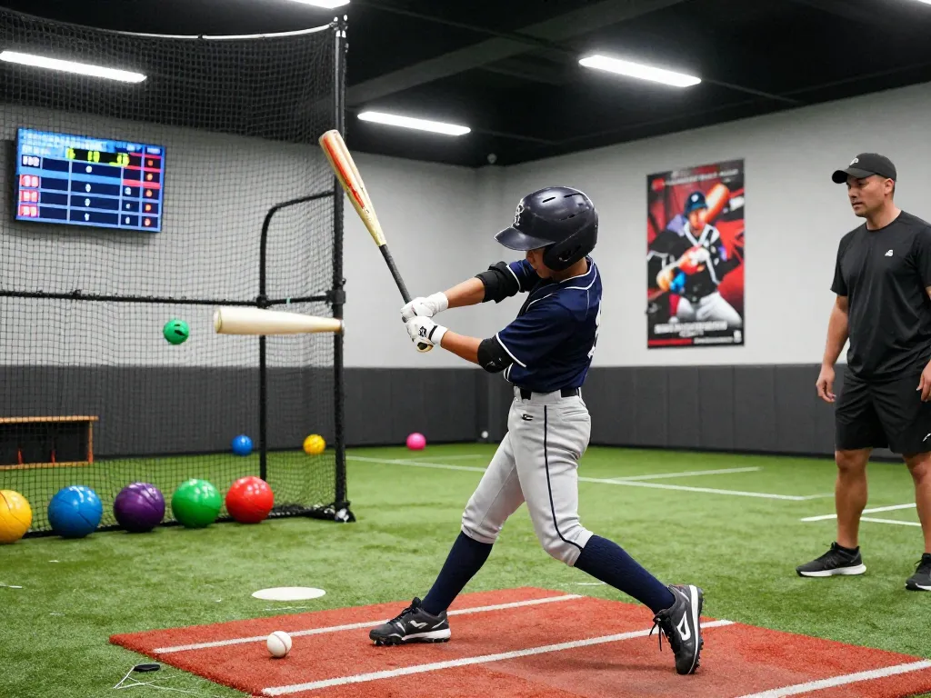 Young athlete training at hitclub batting cage focused on improving skills in a modern facility.