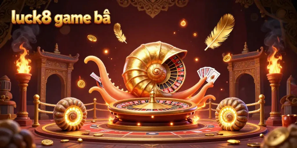 Experience the excitement of luck8 game bài with an ancient nautilus holding playing cards amidst golden light and casino elements.