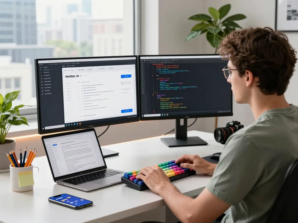 MoltBot AI interface on dual monitors in a modern workspace, showcasing productivity and task automation.