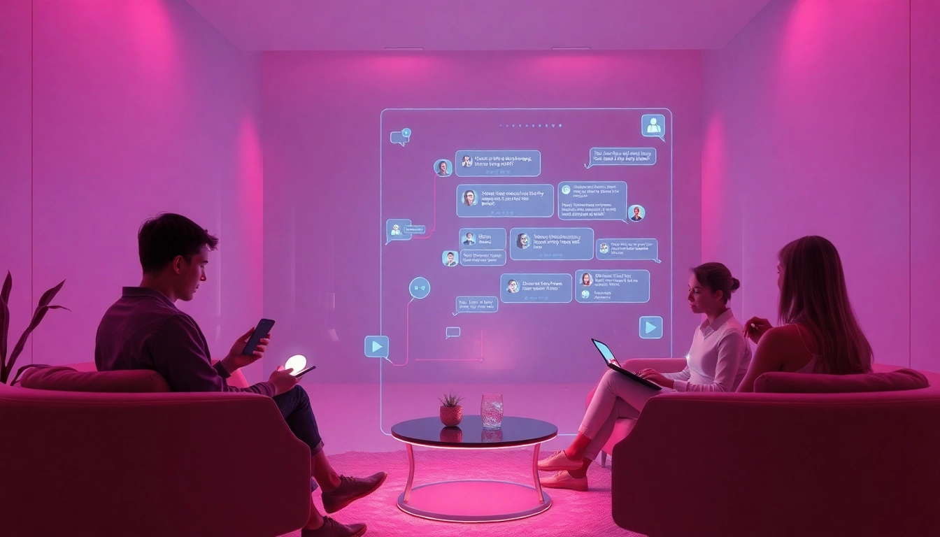Engaging scene of users interacting with innovative sex chat AI chatbots in a cozy, modern setting.
