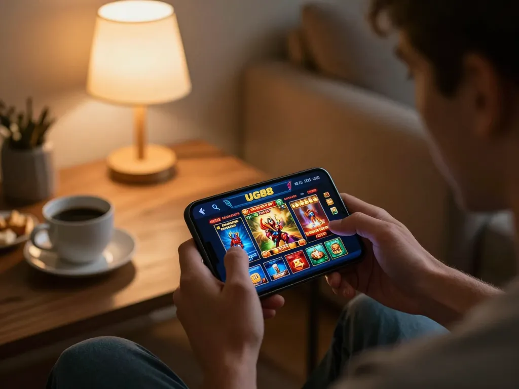 Player enjoying UG88 online casino app on smartphone in a cozy home setting