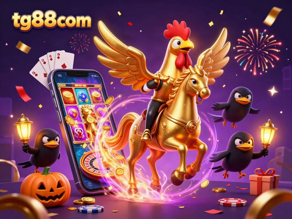 Engage with thrilling casino action at tg88com featuring a golden rooster and festive gaming elements.