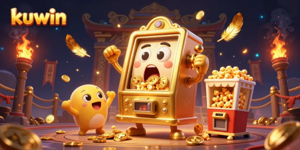 Kuwin celebrates a jackpot with a golden slot machine, surrounded by cheering baby machines.