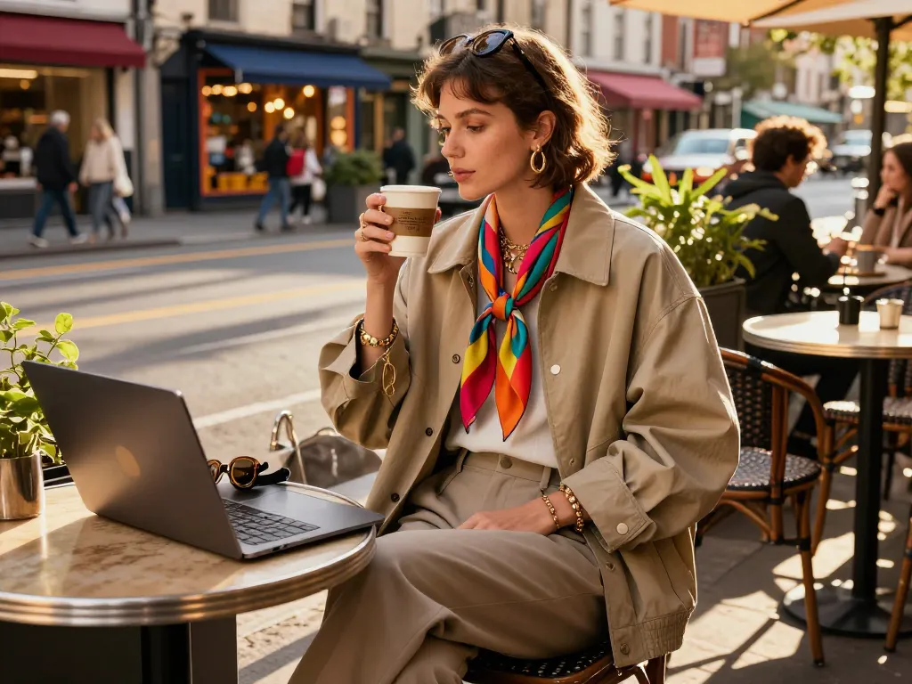 Chic individual in a sunwin outfit enjoying coffee at an urban café.