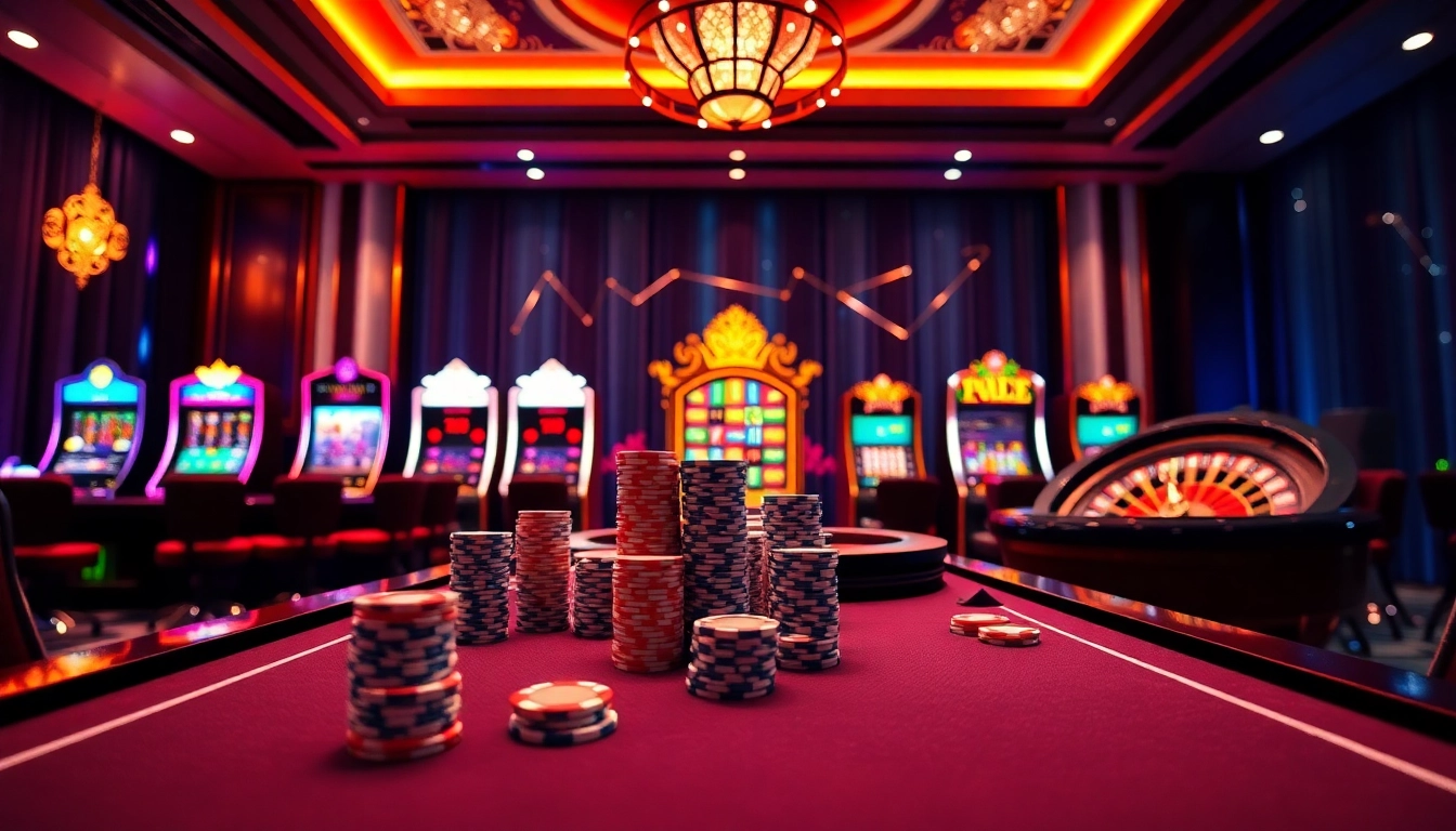 Engaging online gambling experience at nhà cái uy tín ở việt nam featuring poker chips, roulette, and vibrant casino elements.