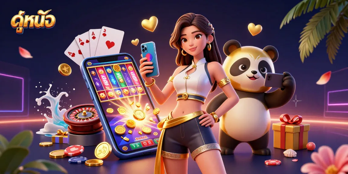 Experience ดูหนัง with dynamic casino gaming featuring a smartphone and golden panda mascot.