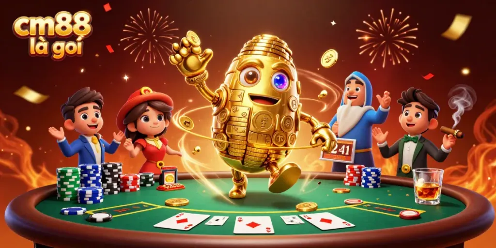 Experience the excitement of cm88 là gì with a vibrant 3D casino illustration featuring poker tables and gold coin characters.