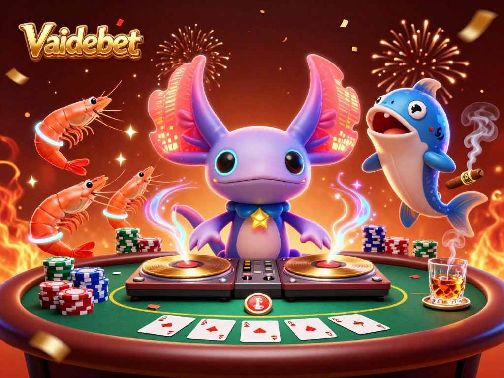 Engage with Vaidebet's dynamic casino scene featuring colorful axolotl DJ and poker action.