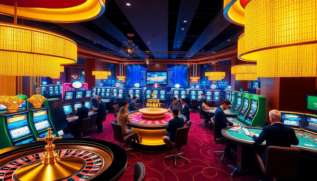 Players enjoying online games and betting at f8bet.com in a vibrant casino atmosphere.