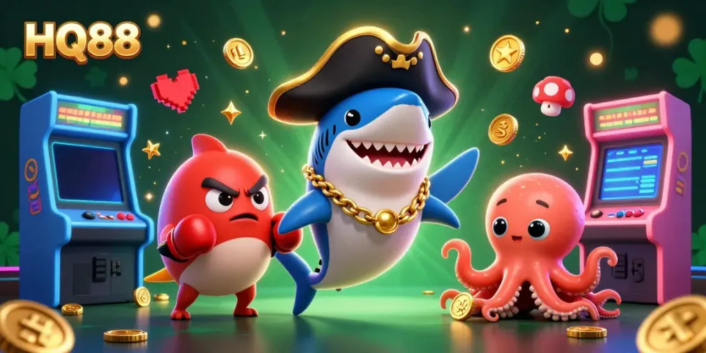 Engage with HQ88's thrilling casino experience featuring colorful 3D characters and game elements.